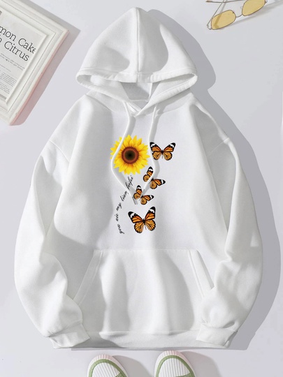 Women's Hoodie Long Sleeve Hoodies & Sweatshirts Printing Pocket Casual Sunflower Letter Butterfly