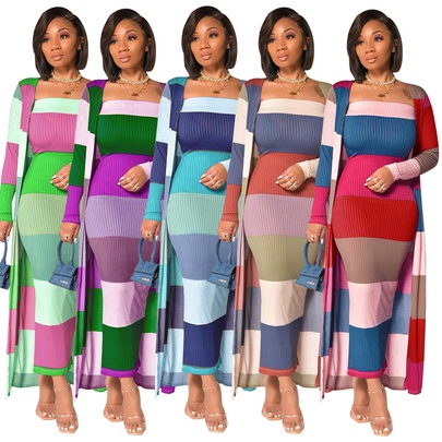 Women's Fashion Stripe Polyester Patchwork Skirt Sets