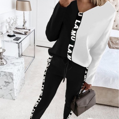 Women's Casual Fashion Printing Polyester Contrast Binding Pants Sets