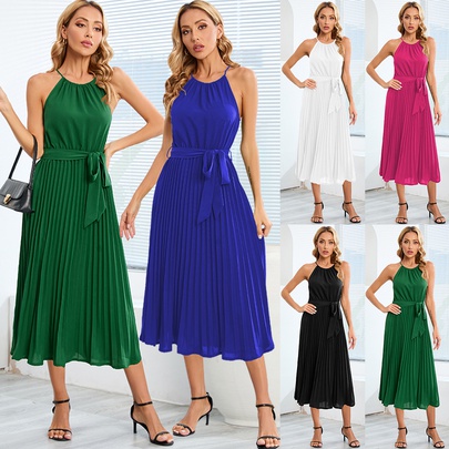 Women's Regular Dress Elegant Round Neck Pleated Sleeveless Solid Color Midi Dress Holiday
