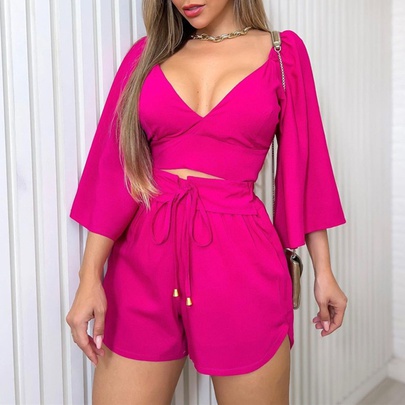 European And American Women's Clothing 2023 Spring New V-neck Backless Bell Sleeve Shirt High Waist Shorts Fashion Casual Set