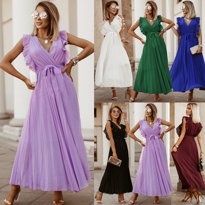 Women's Regular Dress Elegant V Neck Pleated Short Sleeve Solid Color Maxi Long Dress Daily