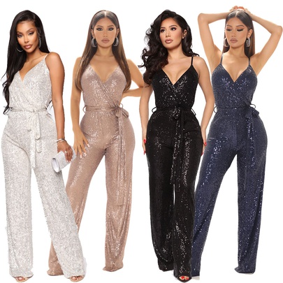 Retro Solid Color Polyester Full Length Sequins Jumpsuits