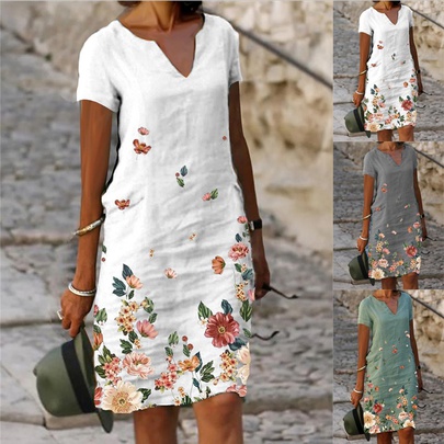 Women's Straight Skirt Elegant V Neck Printing Short Sleeve Flower Knee-length Daily