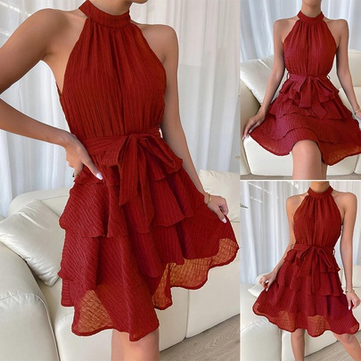 Women's A-line Skirt Fashion Halter Neck Ruffles Sleeveless Solid Color Above Knee Banquet