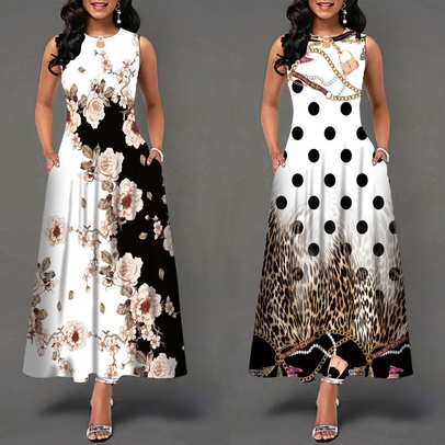 Women's Straight Skirt Fashion Round Neck Printing Sleeveless Polka Dots Flower Leopard Maxi Long Dress Daily