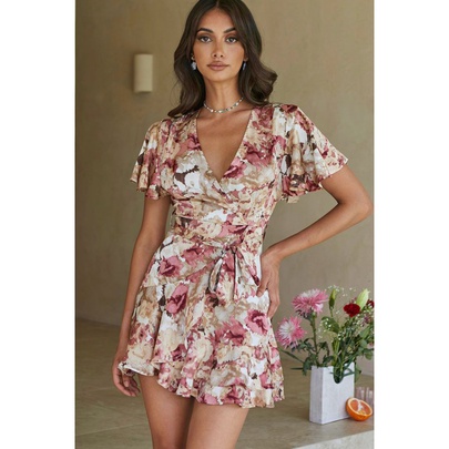 Printing V-neck Waist Lace-up Short Sleeve Dress NSCXY122386