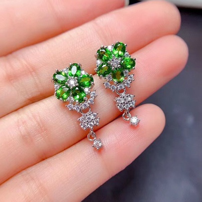 Korean Style New Elegant Green Zircon Flower Women's Copper Earrings