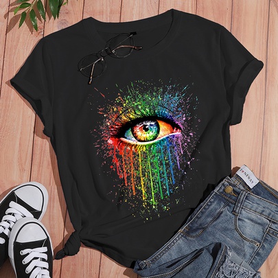Creative Colorful Eye Print Casual Short Sleeve T-shirt Women