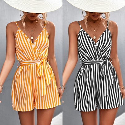 Summer Sexy V-neck Striped Lace-up Sling Shorts Jumpsuit  NSLNZ123637