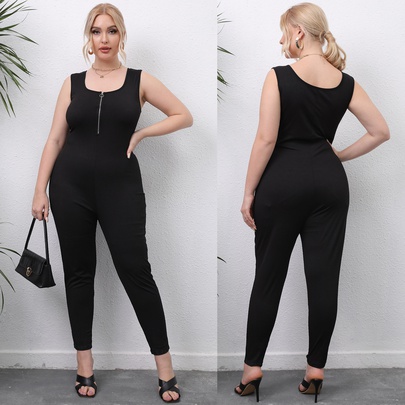 Plus Size Zipper Solid Color Tight Elastic Sleeveless Jumpsuit NSOY125571