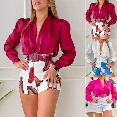 2022 Spring Casual V-neck Long-sleeved Solid Color Shirt Top Printed Shorts Two-piece Set