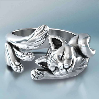 New Kitten Open Ring European And American Plated 925 Retro Thai Silver Black Live Cat Totem Ring