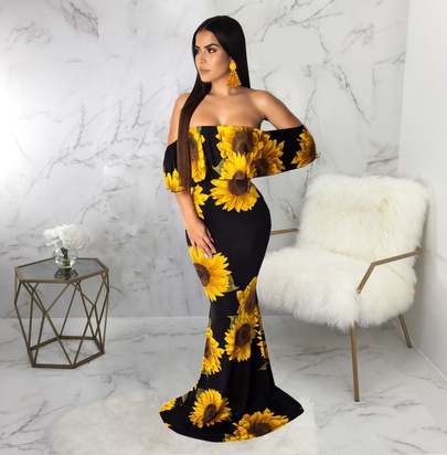 Sunflower Printing One Word Neck Tube Top Dress NSMRF125190