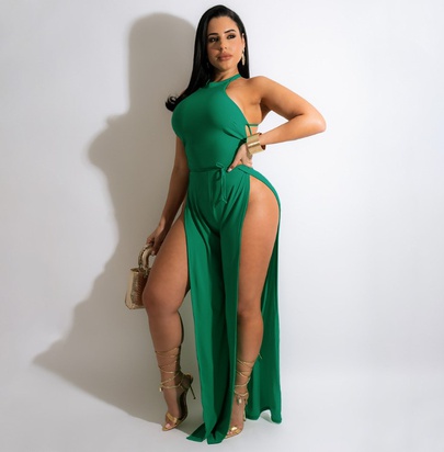 Sleeveless Lace-up Backless High Slit Solid Color Jumpsuit NSMYF125026