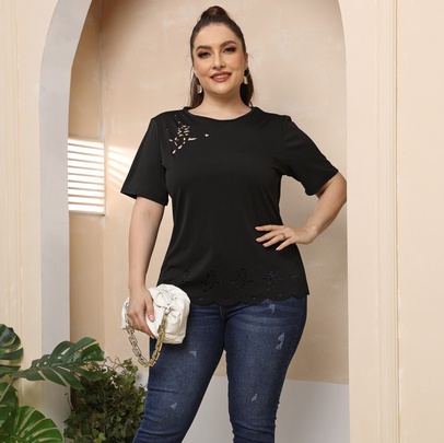 Plus Size Hollow Short-sleeved Roune Neck Slim Solid Color T-shirt NSOY125563