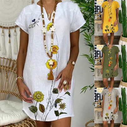 Ethnic V-neck Cotton Linen 2022 Spring New Printed Short Pullover Dress
