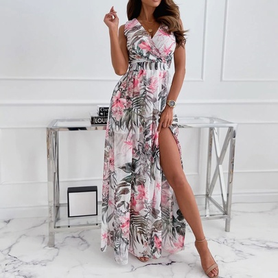 Summer New Style Chiffon Floral Printed Lace Up Women's Dress