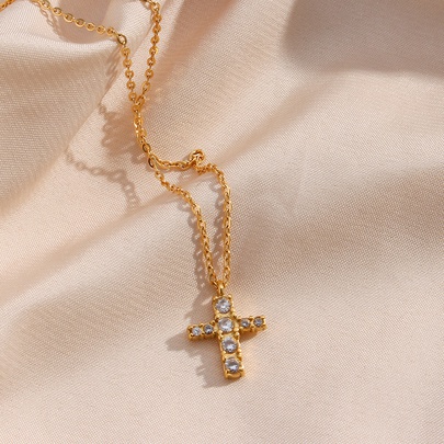 Fashion Cross Stainless Steel Plating Inlay Zircon Necklace