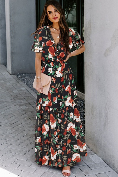 Women's Floral Dress Casual Fashion V Neck Printing Flowers Short Sleeve Flower Maxi Long Dress Holiday Daily