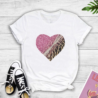 Fashion Heart Shape Milk Fiber Round Neck Short Sleeve Regular Sleeve Printing T-shirt