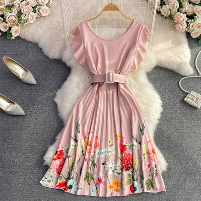 Elegant Floral U Neck Short Sleeve Pleated Polyester Dresses Midi Dress Pleated Skirt