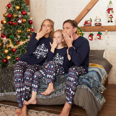 Cute Christmas Tree Snowflake Polyester Printing Patchwork Pants Sets Straight Pants Family Matching Outfits
