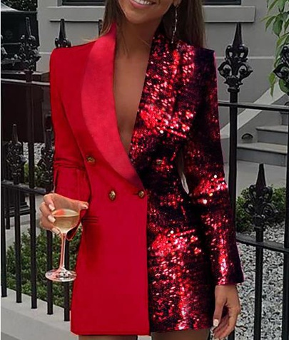 Women's Suit Skirt Casual Turndown Sequins Patchwork Long Sleeve Solid Color Above Knee Daily