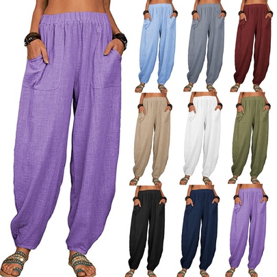 Casual Solid Color Cotton And Linen Ankle-length Casual Pants