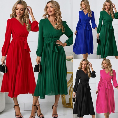 Women's A-line Skirt British Style V Neck Pleated Long Sleeve Solid Color Midi Dress Daily