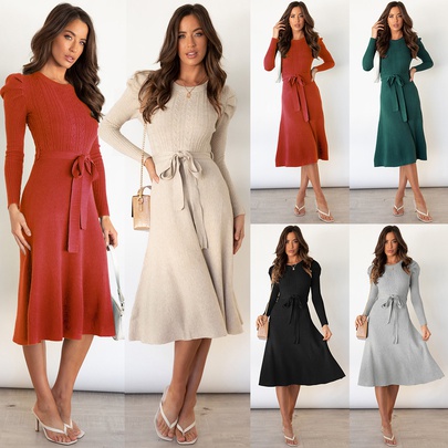 Women's Sweater Dress Basic Round Neck Printing Patchwork Long Sleeve Solid Color Midi Dress Daily