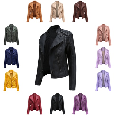 Women's Fashion Solid Color Zipper Coat Leather Jacket