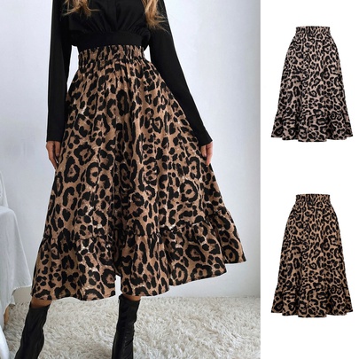 Fashion Leopard Polyester Chiffon Maxi Long Dress Skirts