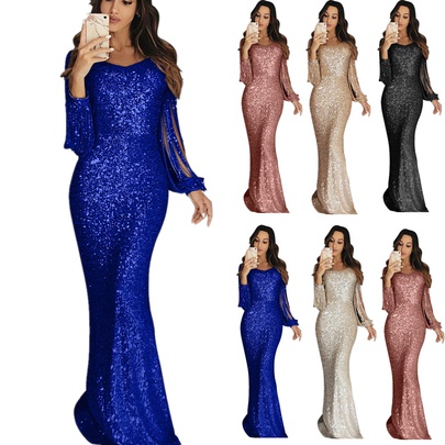 Women's Party Dress Elegant V Neck Sequins Long Sleeve Solid Color Maxi Long Dress Banquet