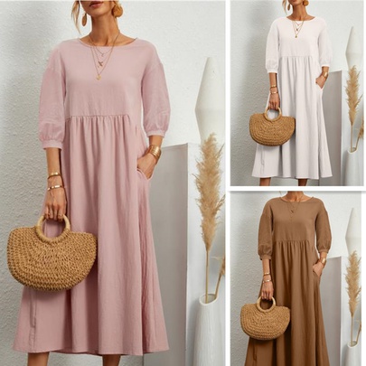 Women's A-line Skirt Casual Round Neck Patchwork 3/4 Length Sleeve Solid Color Maxi Long Dress Holiday