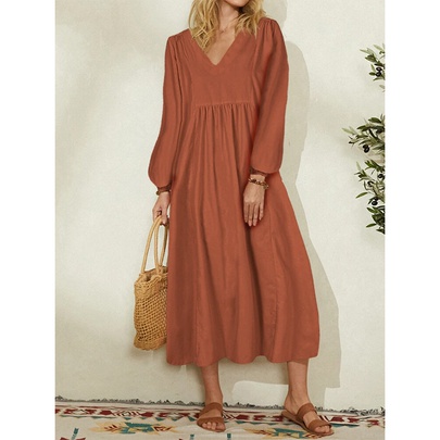 Women's Regular Dress Casual V Neck Printing Long Sleeve Solid Color Maxi Long Dress Daily