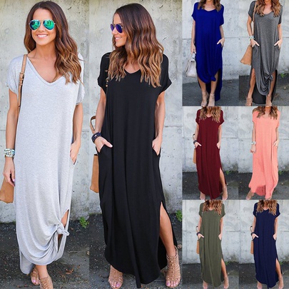 Women's Slit Dress Casual V Neck Patchwork Short Sleeve Solid Color Maxi Long Dress Daily