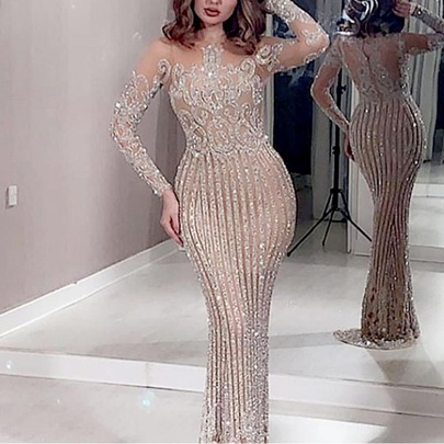 Women's Party Dress Elegant Fashion Round Neck Sequins Patchwork Long Sleeve Solid Color Maxi Long Dress Wedding Formal Stage