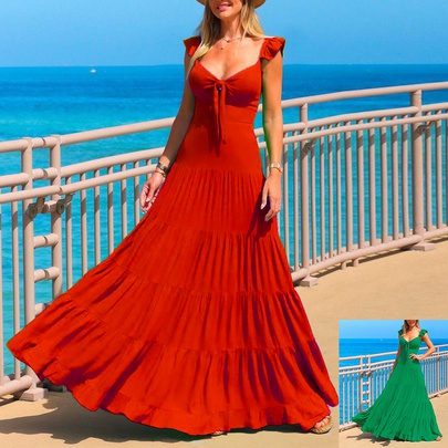 Women's Swing Dress Fashion V Neck Backless Sleeveless Solid Color Maxi Long Dress Party