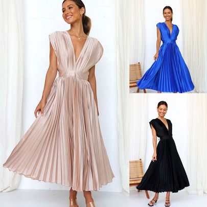 Women's Pleated Skirt Fashion V Neck Zipper Patchwork Sleeveless Solid Color Maxi Long Dress Banquet