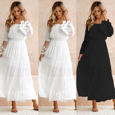 Women's Regular Dress Fashion Boat Neck Patchwork Lace Long Sleeve Solid Color Maxi Long Dress Daily