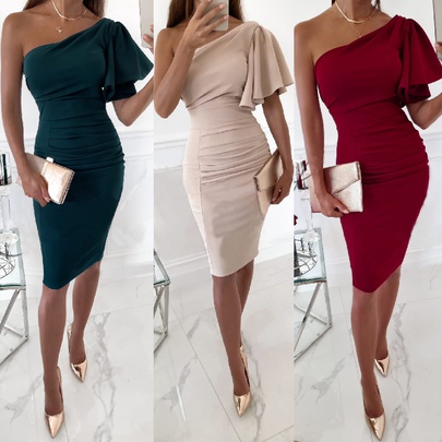 Women's Pencil Skirt Sexy Collarless Patchwork Short Sleeve Solid Color Knee-length Daily
