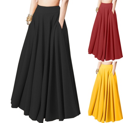 Spring Autumn Fashion Solid Color Polyester Maxi Long Dress Skirts