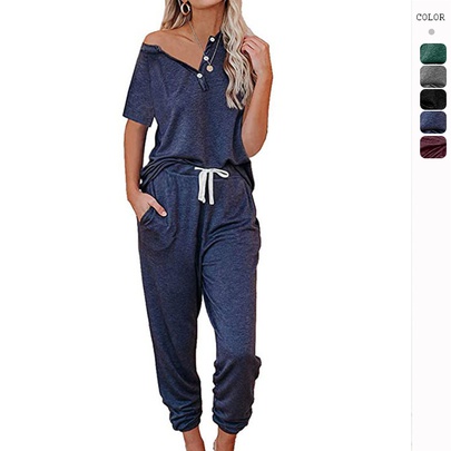 Women's Casual Solid Color Polyester Pocket Patchwork Pants Sets