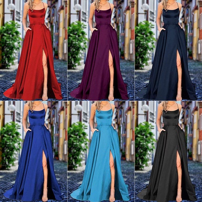 Slit Dress Fashion U Neck Patchwork Sleeveless Solid Color Maxi Long Dress Daily
