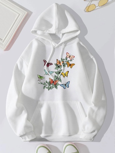 Women's Hoodie Long Sleeve Hoodies & Sweatshirts Printing Pocket Pastoral Butterfly