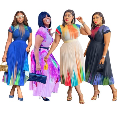 Women's Swing Dress Fashion Round Neck Pleated Short Sleeve Colorful Midi Dress Street