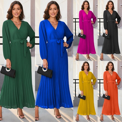 Women's Pleated Skirt Elegant V Neck Belt Pleated Long Sleeve Solid Color Maxi Long Dress Daily