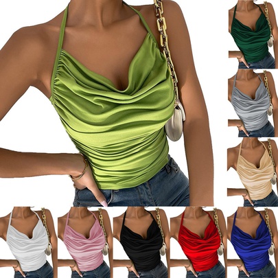 Sexy Solid Color Polyester Halter Neck Backless Camisole