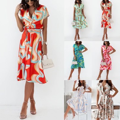 Women's A-line Skirt Fashion V Neck Printing Patchwork Short Sleeve Printing Maxi Long Dress Daily
